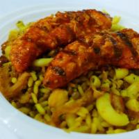 Chicken Kabob & Egyptian Rice · Flame-grilled chicken breast on Egyptian Rice (Chickpeas, carmelized onions, garbanzo beans,...