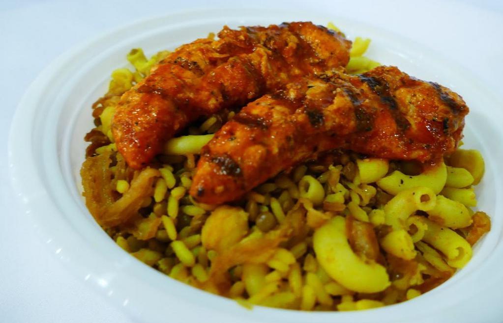 Chicken Kabob & Egyptian Rice · Flame-grilled chicken breast on Egyptian Rice (Chickpeas, carmelized onions, garbanzo beans, long-grain rice & lentils)