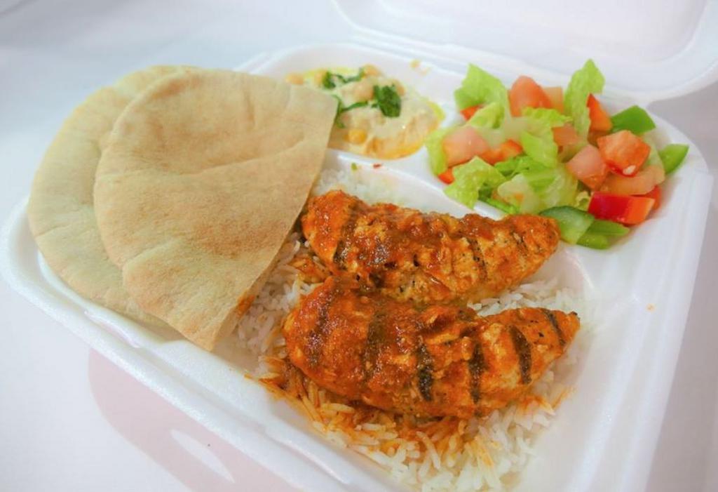 Chicken Kabob Combo · Chicken on Basmati rice, served with traditional Hommus, Mediterranean salad and Pita bread