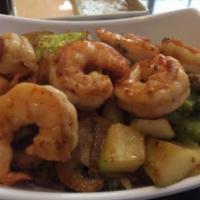 Hibachi Jumbo Shrimp · Grilled jumbo shrimp with mixed vegetables. Served with Clear Soup, Ginger Salad, Fried Rice...