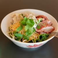 Baa Mee Moo Dang · Wonton noodle, BBQ pork, crab meat, bok choy, cilantro, scallion and garlic oil.