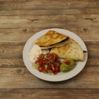 Steak and Bleu Quesadilla · Raw. Caramelized onions, bleu cheese, served with lettuce, sour cream, pico de gallo and gua...