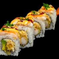Super Tiger Roll · Shrimp tempura, avocado, spicy crab salad, topped with shrimp ebi