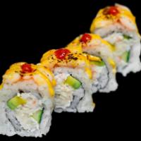 Firecracker roll · Crab salad, cucumber, avocado, top with spicy seared shrimp 