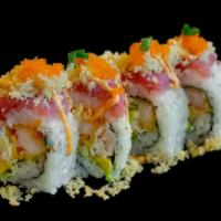 Sexy Roll · Shrimp tempura, avocado, crab salad, topped with tuna, crunchy, masago