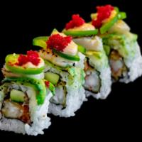 Scallop Roll · Spicy tuna, shrimp tempura, cucumber, topped with seared scallops, avocado, jalapeño 