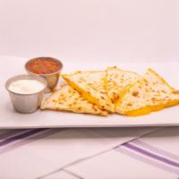 3 Cheese Quesadilla · Mozzarella, Swiss and cheddar cheese served with salsa and sour cream