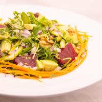 Roasted Beet Salad · Baby arugula, roasted asparagus, carrots, red onion, toasted walnuts, avocado, cilantro cumi...