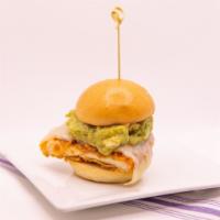Fried Chicken Sliders · Topped with guacamole and mozzerella cheese. Served with waffle fries. 