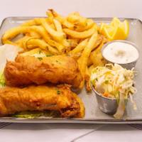 Fish and Chips · Beer-battered Icelandic cod and fresh coleslaw. Served with hand-cut fries.