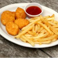 Chicken Nuggets · Served with french fries.