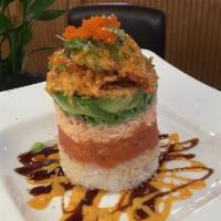 Ahi Tower Roll · Rice, spicy crabmeat, avocado, spicy tuna, snow crab meat, crawfish, scallion, masago, sesam...