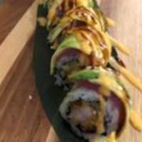 Caterpillar Roll   · Inside: shrimp tempura, cucumber. Outside: fresh tuna, avocado, sesame seeds, spicy mayo, ee...
