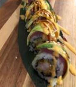 Caterpillar Roll   · Inside: shrimp tempura, cucumber. Outside: fresh tuna, avocado, sesame seeds, spicy mayo, eel sauce.