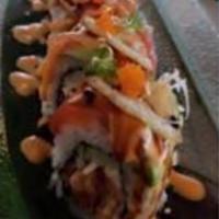 Lifesaver Roll · In: tempura bacon, snow crab, cucumber. Out: fresh salmon, avocado, lemon, scallion, masago,...