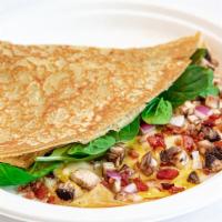 Pig and Swiss Crepe · Egg, Swiss cheese, bacon, mushrooms, spinach and red onion.