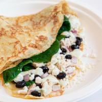 Jalapeno Chicken Crepe · Chicken, mozzarella, red onion, black beans, goat cheese, spinach and jalapeno cream. Spicy.