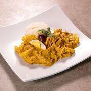 Aji de Gallina Limeno · Shredded chicken breast in a Parmesan cheese, pecan and yellow pepper sauce. Served with pot...