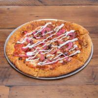 Pig out Pizza · Pork belly, bacon, chorizo, pepperoni, pickled red onion, mozzarella, ricotta and marinara.