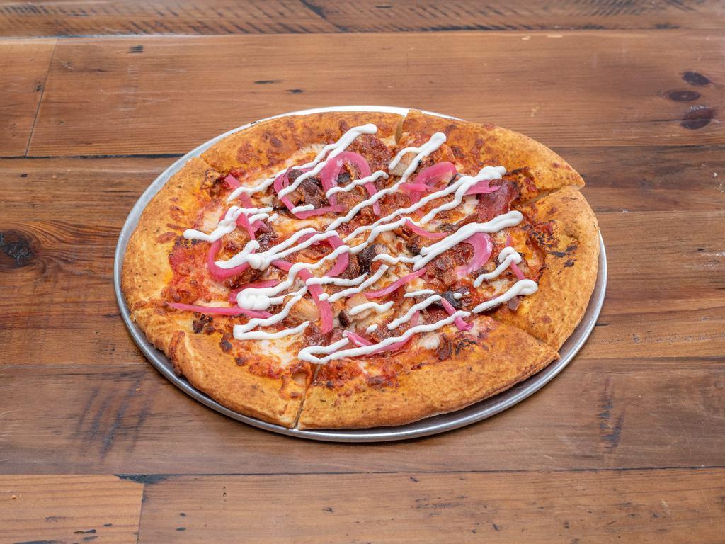Pig out Pizza · Pork belly, bacon, chorizo, pepperoni, pickled red onion, mozzarella, ricotta and marinara.