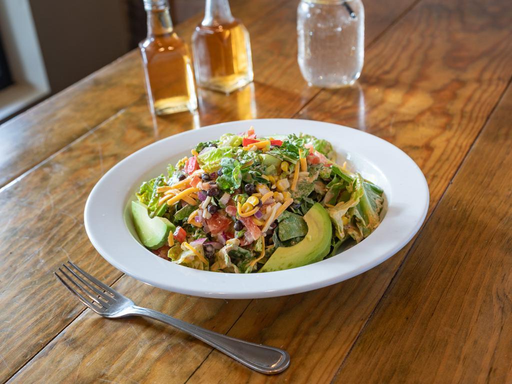 Southwest Salad · Romaine, black beans, avocado, corn, cilantro, tomato, red onion, 3 cheese blend, tortilla strips and Southwest ranch dressing.