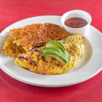 California Avocado Omelette · Bacon, diced tomatoes, Jack, cheddar cheeses and avocado.