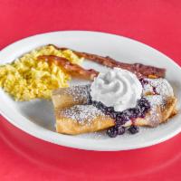 Blueberry Cheese Blintz Combo · 2. Served with choice of 2 slices of bacon 2 sausage links and 2 eggs any style.