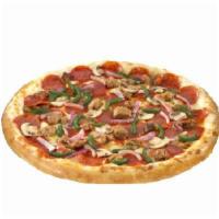 Large Deluxe · Pepperoni, Italian sausage, onions, green peppers, mushrooms and our special blend of 3 chee...
