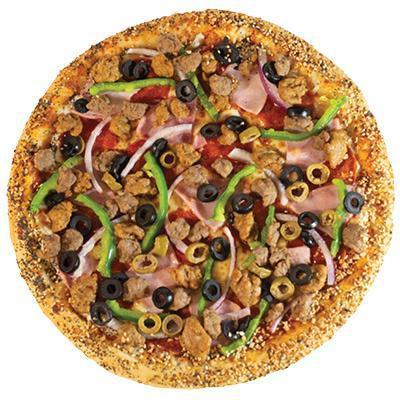 X-Large Pricebuster · Pepperoni, ham, Italian sausage, onions, green peppers, mushrooms, ground beef, green olives, black olives and our special blend of 3 cheeses.