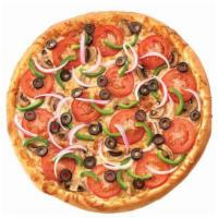 Traditional Vegetarian Pizza · Fresh mushrooms, red onion, green pepper, black olives, and tomato.