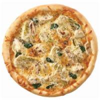 Chicken Artichoke Pizza · Olive oil base, minced garlic, grilled chicken, artichoke, spinach, shredded Parmesan cheese...