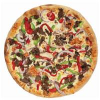 Philly Steak Supreme Pizza · Steak, red onion, green pepper and sweet red pepper.