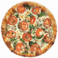 Spinach Alfredo Pizza · Alfredo sauce base, spinach, fresh mushrooms and tomato. Vegetarian.