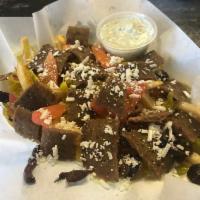 Island Feta Fries · Fries with Greek salad toppings pepperoncini, olives, tomatoes and gyros.