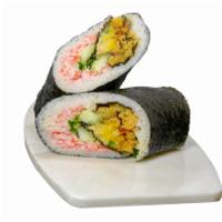 Spideritto · Soft shell Crab, Krab Meat, Mixed Greens, Avocado, Cucumber, Sushi Rice, Seaweed Wrap with D...