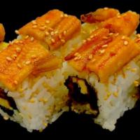 Osaka Roll · Tamago, shitake, spinach and sweet fish flakes and sea eel on top.