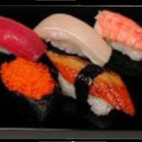Small Deluxe Sushi · Maguro, hamachi, ebi , tobiko and unagi.