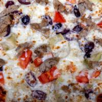 Mediterranea Pizza · Artichokes, garlic, olives, mozzarella, and plum tomato.