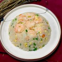 Shrimp Fried Rice 虾球炒饭 · large prawns, peas & carrots.  Wok fried with eggs & rice (no soy sauce)