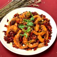 Tian Fu Hot & Spicy Prawns 天府香辣虾 · Shell on, large prawns lightly battered, sautéed with dry chili & house hot & spicy seasoning.