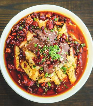 Chongqing Style Boiled Blood Curd 极品毛血旺 · Ａmix of blood curd, pork intestines, fish & spam all served in a hot & spicy hot pot style broth