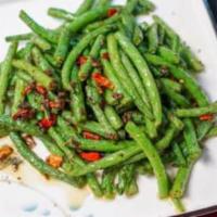 Sichuan String Beansn 干煸四季豆 · Fiery dried chilies, ground pork, Sichuan preserves, hot peppercorn sauce.
