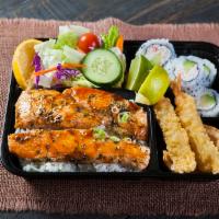 27. Salmon Bento Special · With rice, shrimp tempura (2pcs.), gyoza (fried dumplings), California Roll (4 pcs.), miso s...