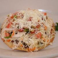 Enchilada de Camarones · Shrimp enchilada. Fried tortilla, cabbage, beans, cheese and pico de gallo.