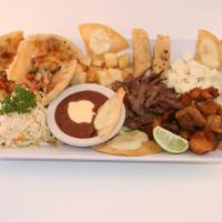 Super Antojito · Mixed appetizers plate of the house, yuca, carne asada, carne adobada, cheese pupusa, nachit...