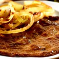 Bistec Palomilla Encebollado · Beef round steak with onions. Servidos con dos acompanantes у una tortilla: arroz, casamient...
