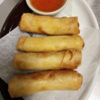 A2. Egg Rolls（4pcs) · Homemade egg rolls filled with bean-thread noodle and cabbage, served with sweet and sour sa...