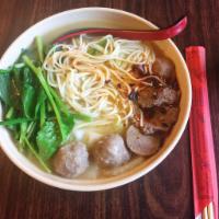 Beef Noodle Soup · Beef soup broth with wheat noodle, top with beef ball and slice beef, along with spinach and...