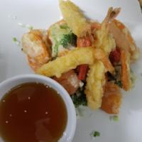 Shrimp Tempura · Fried mixed veggies and shrimp tempura, served with tempura sauce.