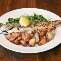 Psari Psito Sti Skara · Whole grilled Mediterranean sea bass, Opa! vinaigrette, sauteed spinach, roasted red potatoes.